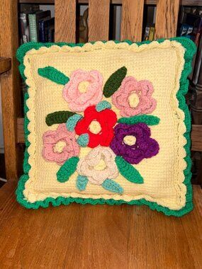 Granny Square Crochet Pillow Handmade 3D Roses Farmhouse Shabby Chic Pink Purple